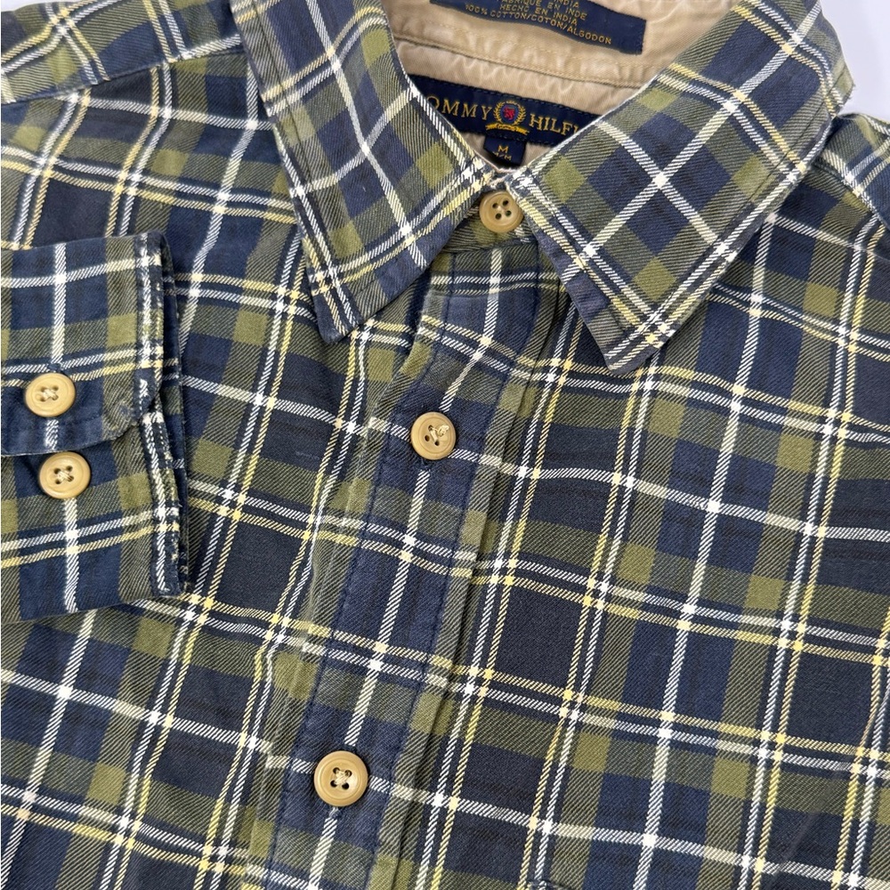 Tommy Hilfiger Lion Crest Flannel Shirt Men’s Size Medium Navy Green Plaid I2